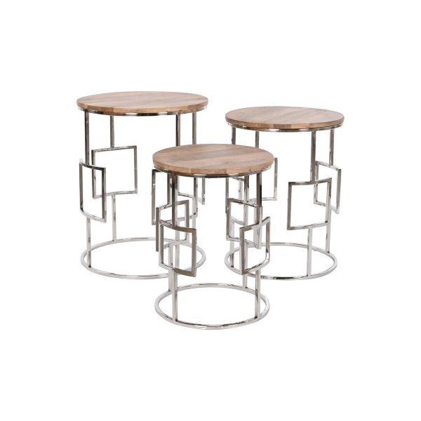 Set of 3 tables Home ESPRIT Brown Silver Natural Steel Mango wood 49,5 x 49,5 x 62 cm Cheap