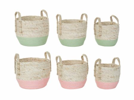 Basket set DKD Home Decor Natural Pink Green Natural Fibre 30 x 30 x 32 cm Boho (2 Units) Sale